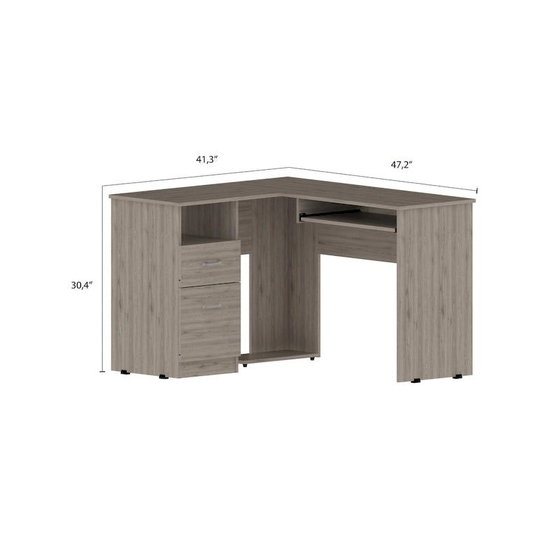 L-vormig bureau met open planken, 2 laden en toetsenbordlade
