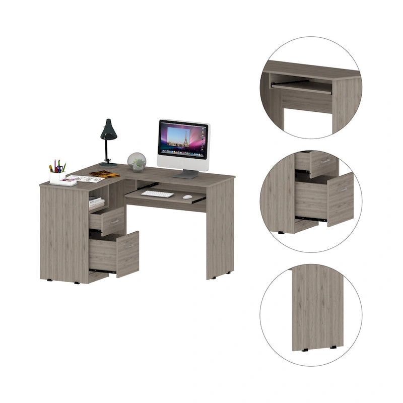 L-vormig bureau met open planken, 2 laden en toetsenbordlade