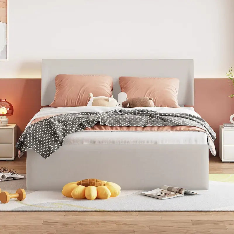 Sleighbed voor queensize bed met hydraulisch opbergsysteem met zijwaartse kanteling, linnen bekleding, beige