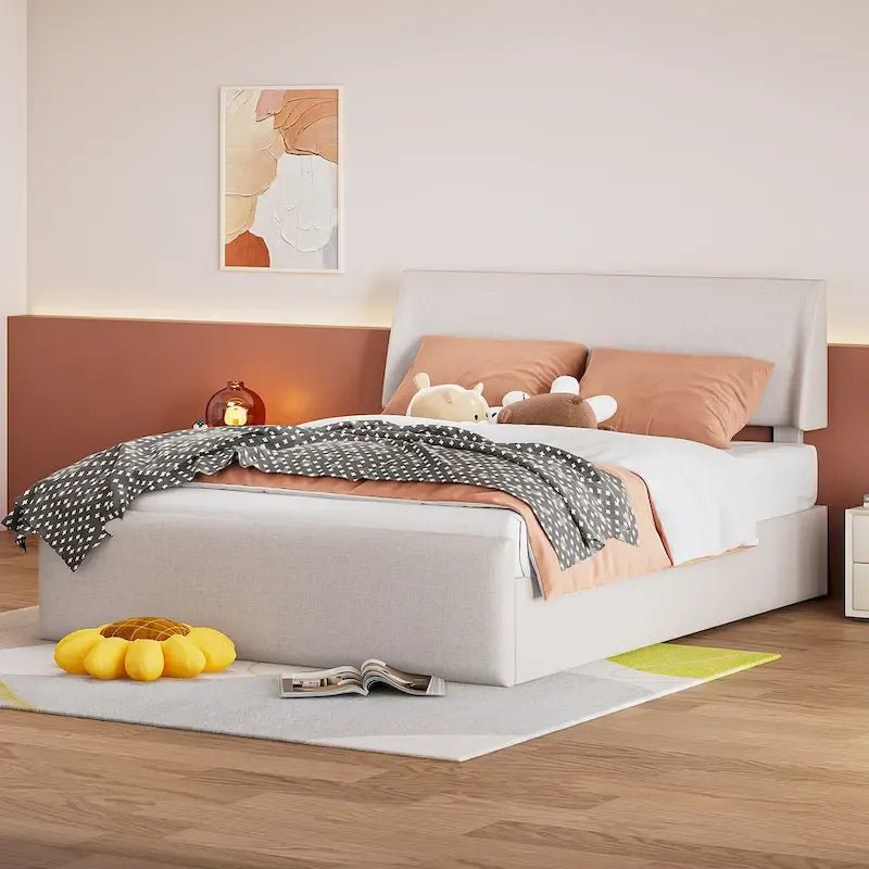 Sleighbed voor queensize bed met hydraulisch opbergsysteem met zijwaartse kanteling, linnen bekleding, beige