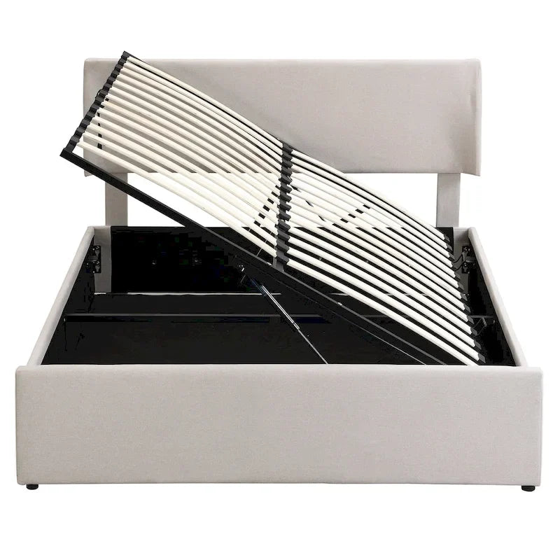 Sleighbed voor queensize bed met hydraulisch opbergsysteem met zijwaartse kanteling, linnen bekleding, beige
