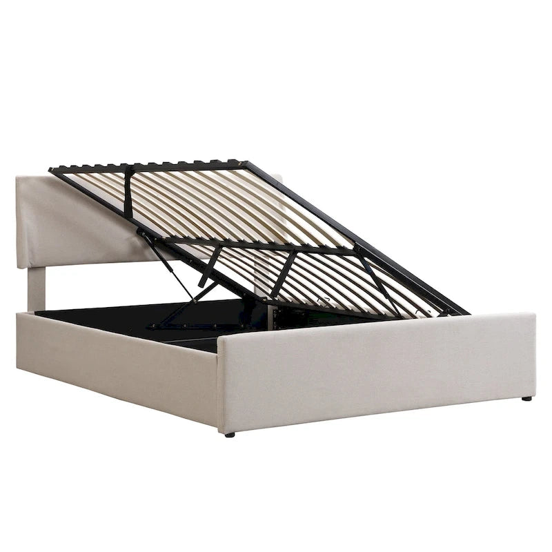 Sleighbed voor queensize bed met hydraulisch opbergsysteem met zijwaartse kanteling, linnen bekleding, beige