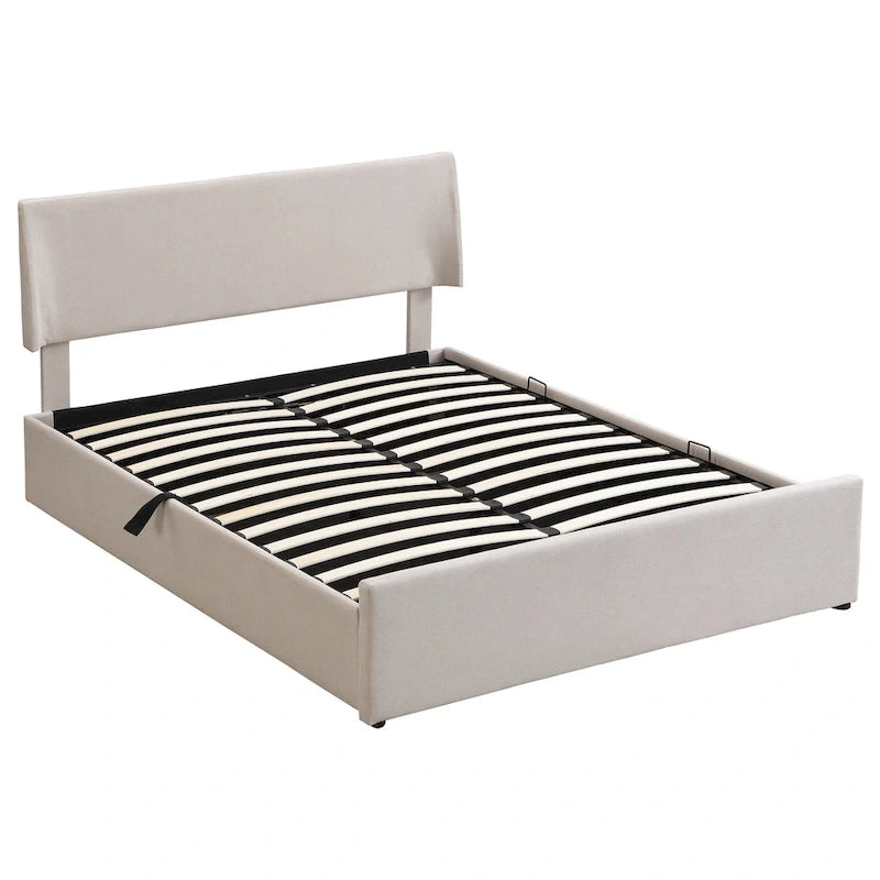 Sleighbed voor queensize bed met hydraulisch opbergsysteem met zijwaartse kanteling, linnen bekleding, beige