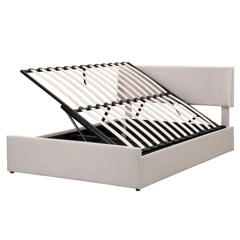 Sleighbed voor queensize bed met hydraulisch opbergsysteem met zijwaartse kanteling, linnen bekleding, beige
