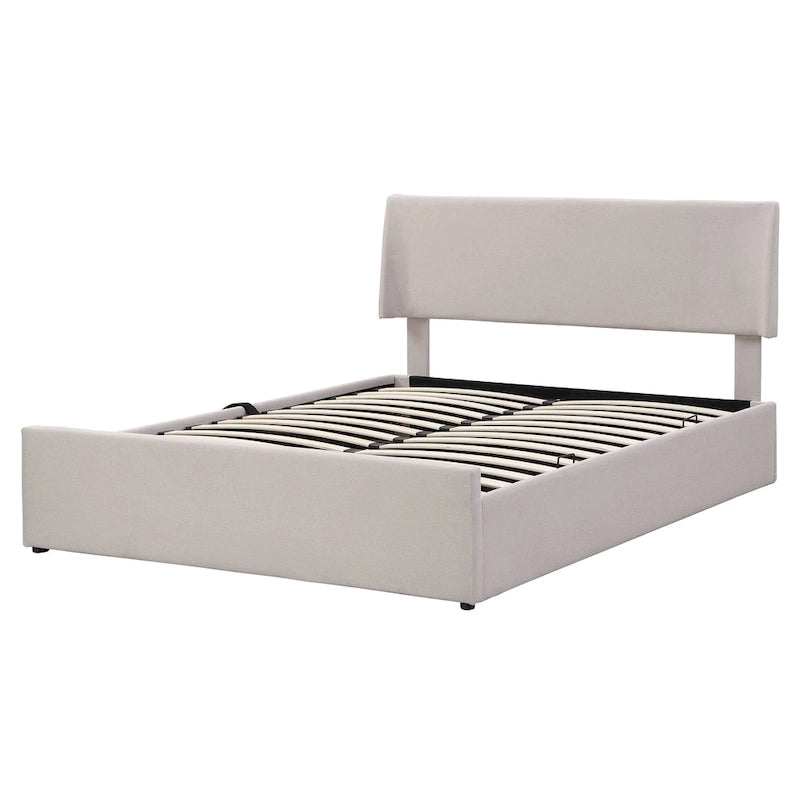 Sleighbed voor queensize bed met hydraulisch opbergsysteem met zijwaartse kanteling, linnen bekleding, beige