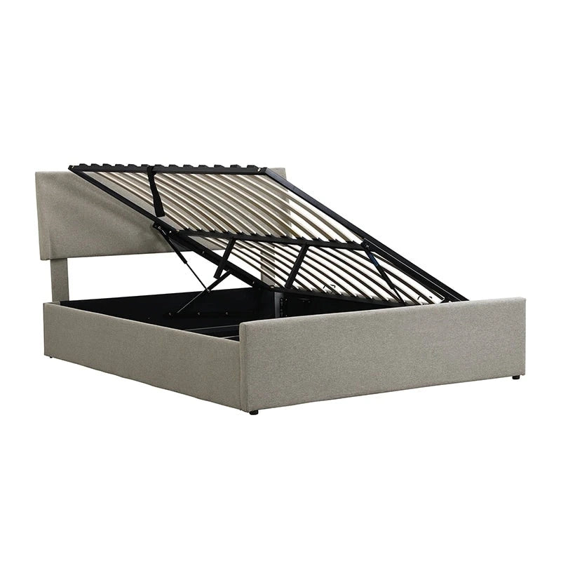 Sleighbed voor queensize bed met hydraulisch opbergsysteem met zijwaartse kanteling, linnen bekleding, beige