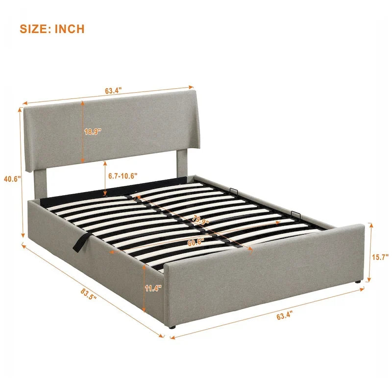 Sleighbed voor queensize bed met hydraulisch opbergsysteem met zijwaartse kanteling, linnen bekleding, beige