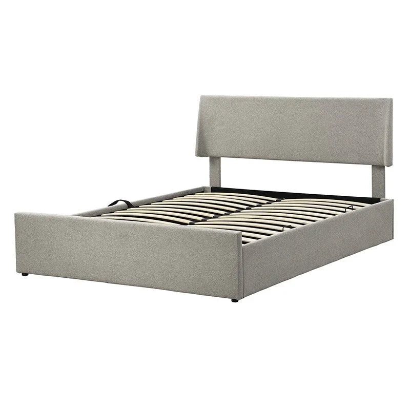 Sleighbed voor queensize bed met hydraulisch opbergsysteem met zijwaartse kanteling, linnen bekleding, beige