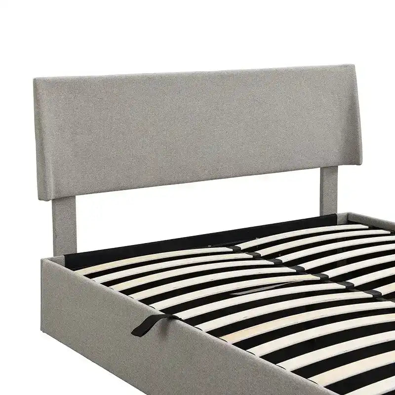 Sleighbed voor queensize bed met hydraulisch opbergsysteem met zijwaartse kanteling, linnen bekleding, beige