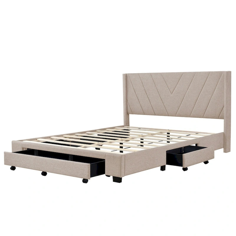 Sleighbed voor queensize bed met hydraulisch opbergsysteem met zijwaartse kanteling, linnen bekleding, beige