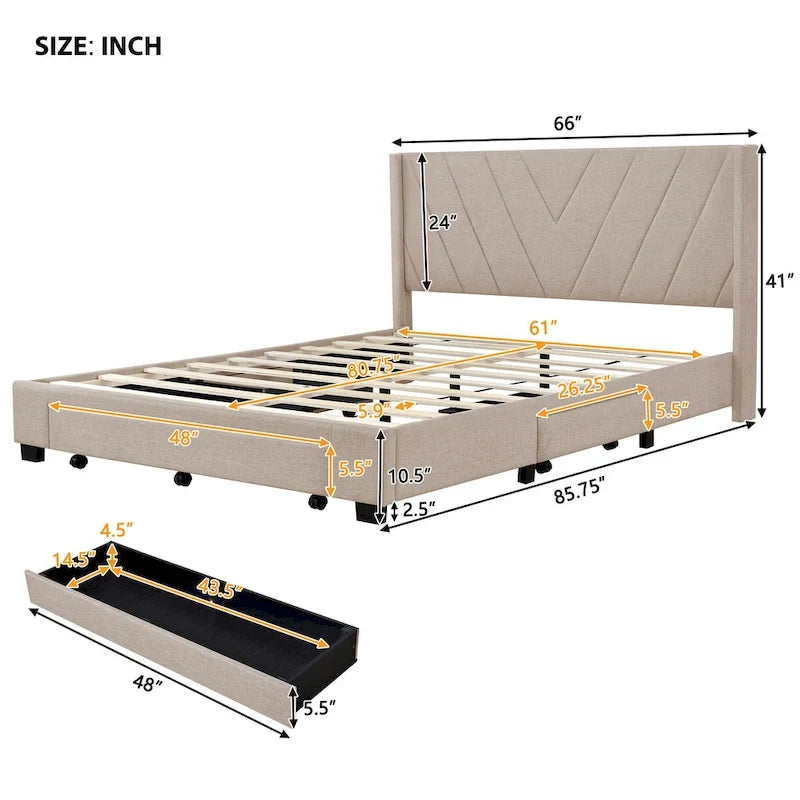 Sleighbed voor queensize bed met hydraulisch opbergsysteem met zijwaartse kanteling, linnen bekleding, beige