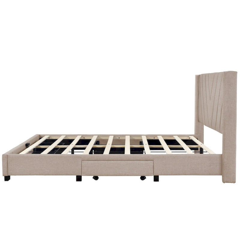 Sleighbed voor queensize bed met hydraulisch opbergsysteem met zijwaartse kanteling, linnen bekleding, beige