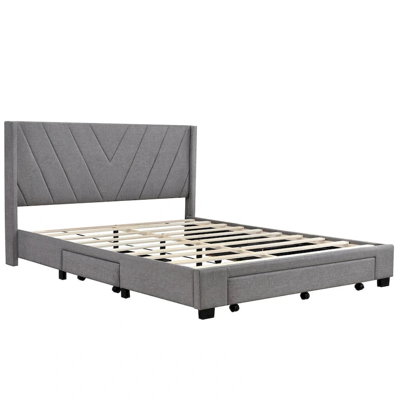 Sleighbed voor queensize bed met hydraulisch opbergsysteem met zijwaartse kanteling, linnen bekleding, beige
