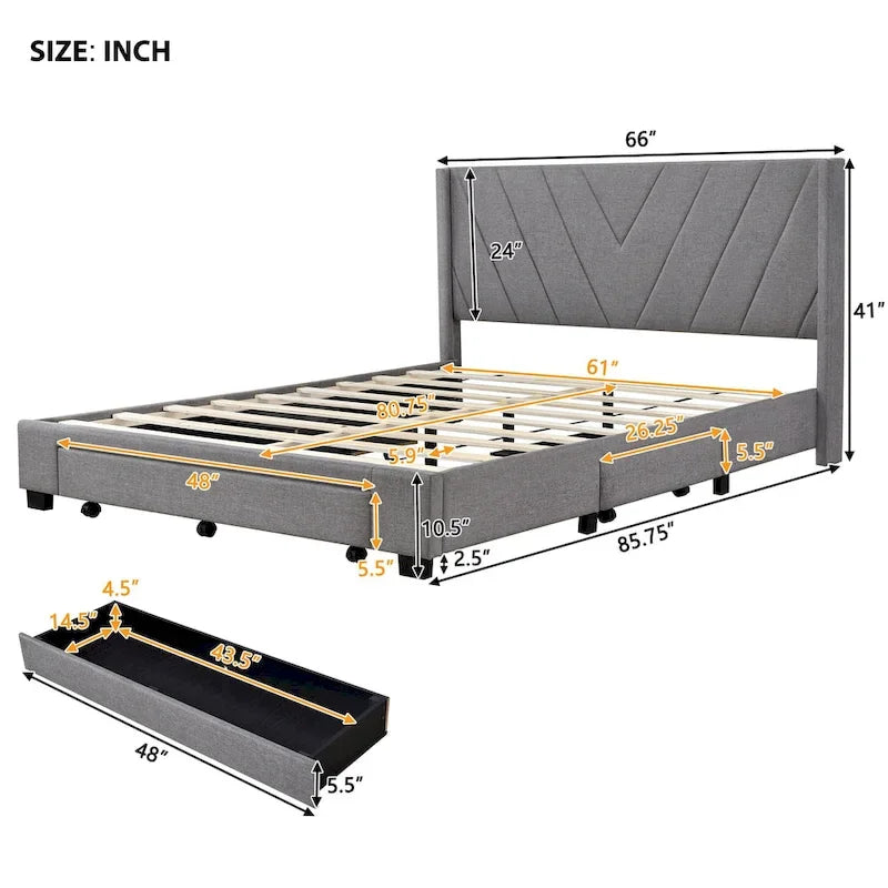 Sleighbed voor queensize bed met hydraulisch opbergsysteem met zijwaartse kanteling, linnen bekleding, beige