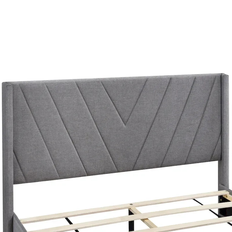 Sleighbed voor queensize bed met hydraulisch opbergsysteem met zijwaartse kanteling, linnen bekleding, beige
