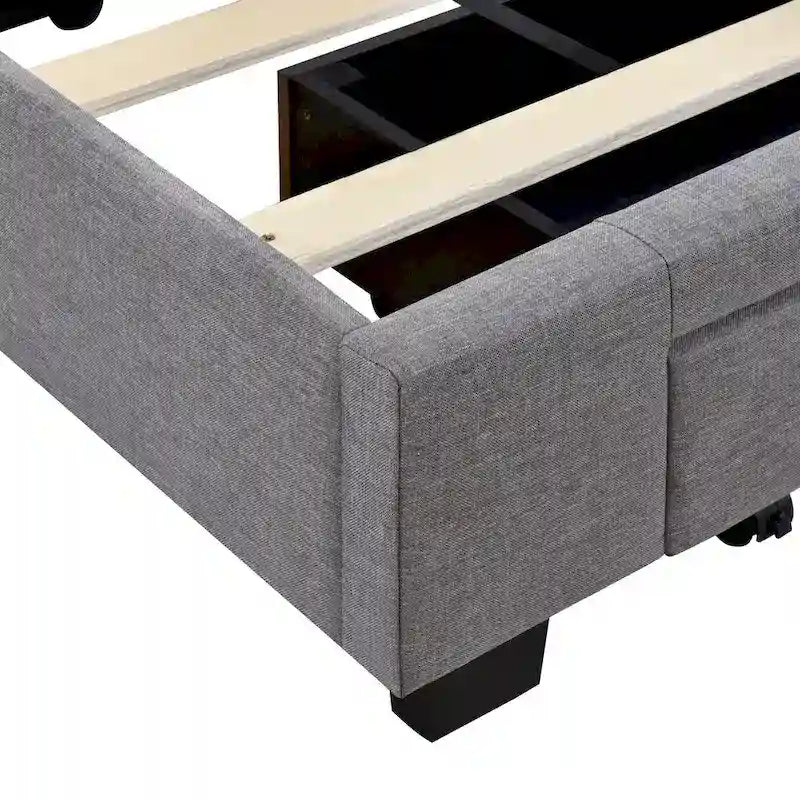 Sleighbed voor queensize bed met hydraulisch opbergsysteem met zijwaartse kanteling, linnen bekleding, beige
