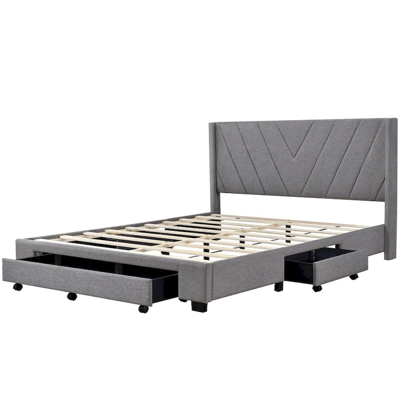 Sleighbed voor queensize bed met hydraulisch opbergsysteem met zijwaartse kanteling, linnen bekleding, beige