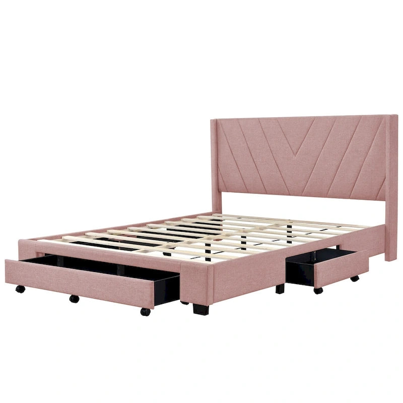 Sleighbed voor queensize bed met hydraulisch opbergsysteem met zijwaartse kanteling, linnen bekleding, beige