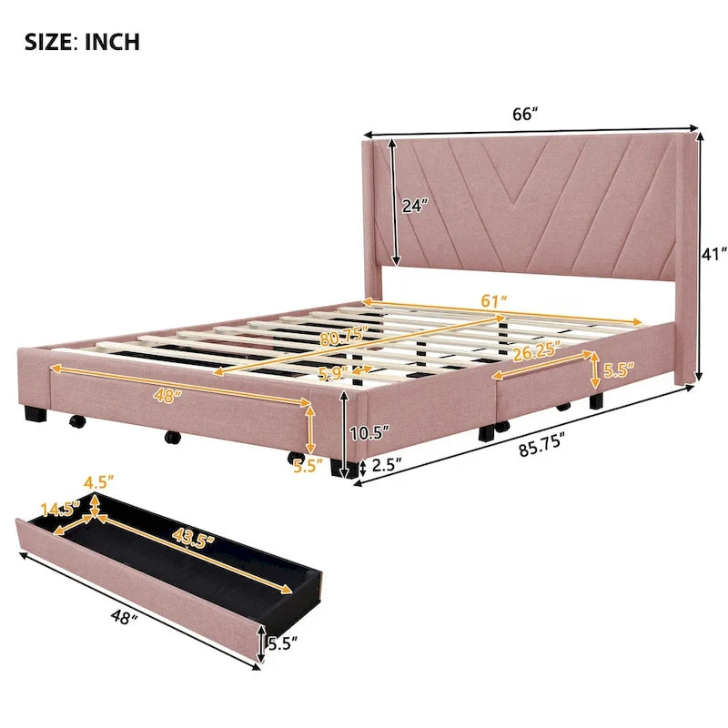 Sleighbed voor queensize bed met hydraulisch opbergsysteem met zijwaartse kanteling, linnen bekleding, beige