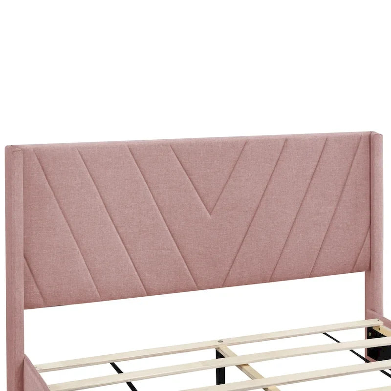 Sleighbed voor queensize bed met hydraulisch opbergsysteem met zijwaartse kanteling, linnen bekleding, beige