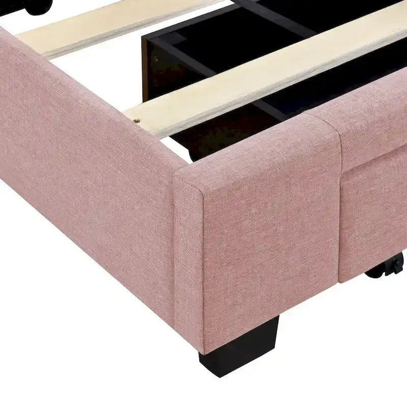 Sleighbed voor queensize bed met hydraulisch opbergsysteem met zijwaartse kanteling, linnen bekleding, beige