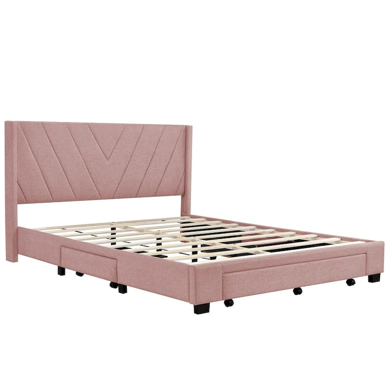 Sleighbed voor queensize bed met hydraulisch opbergsysteem met zijwaartse kanteling, linnen bekleding, beige