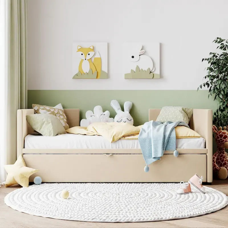 Lit de repos rembourré jumeau avec lit gigogne escamotable, beige