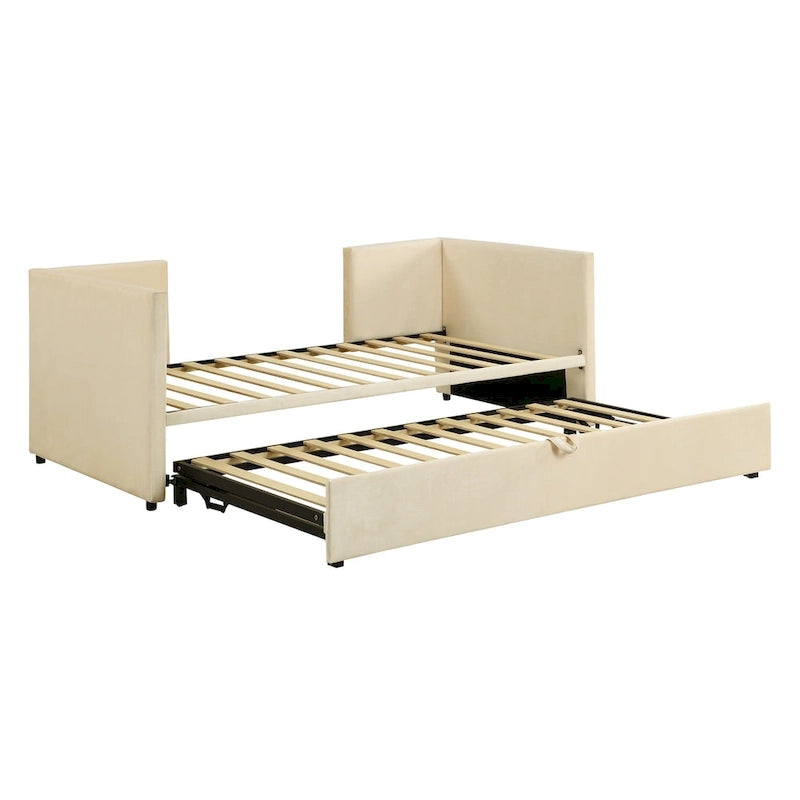 Lit de repos rembourré jumeau avec lit gigogne escamotable, beige