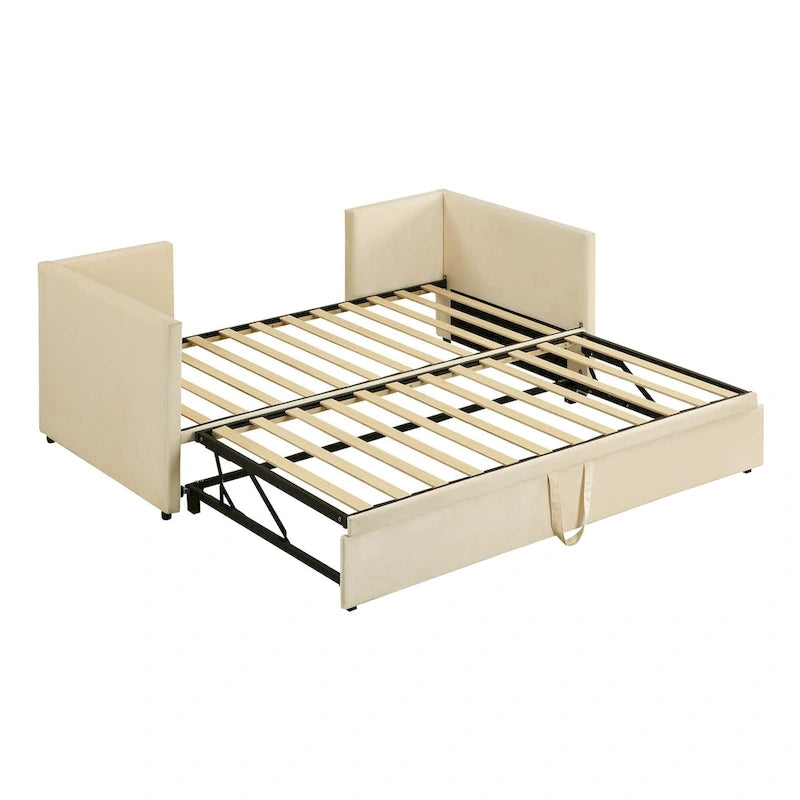 Lit de repos rembourré jumeau avec lit gigogne escamotable, beige
