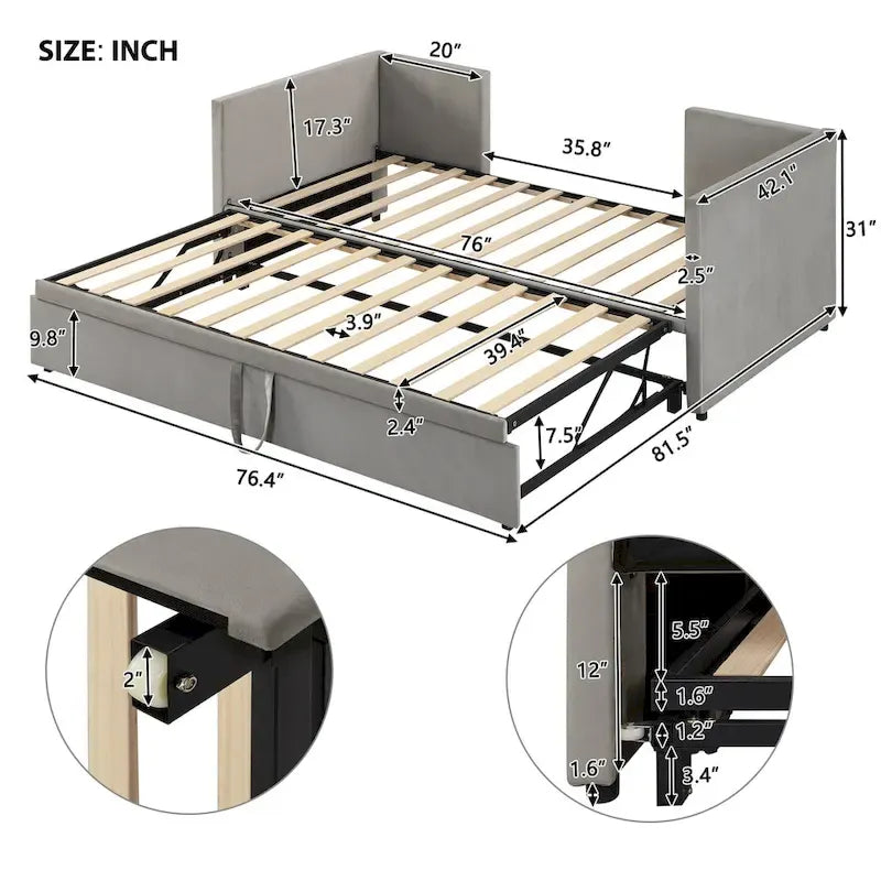 Lit de repos rembourré jumeau avec lit gigogne escamotable, beige