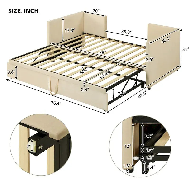 Lit de repos rembourré jumeau avec lit gigogne escamotable, beige