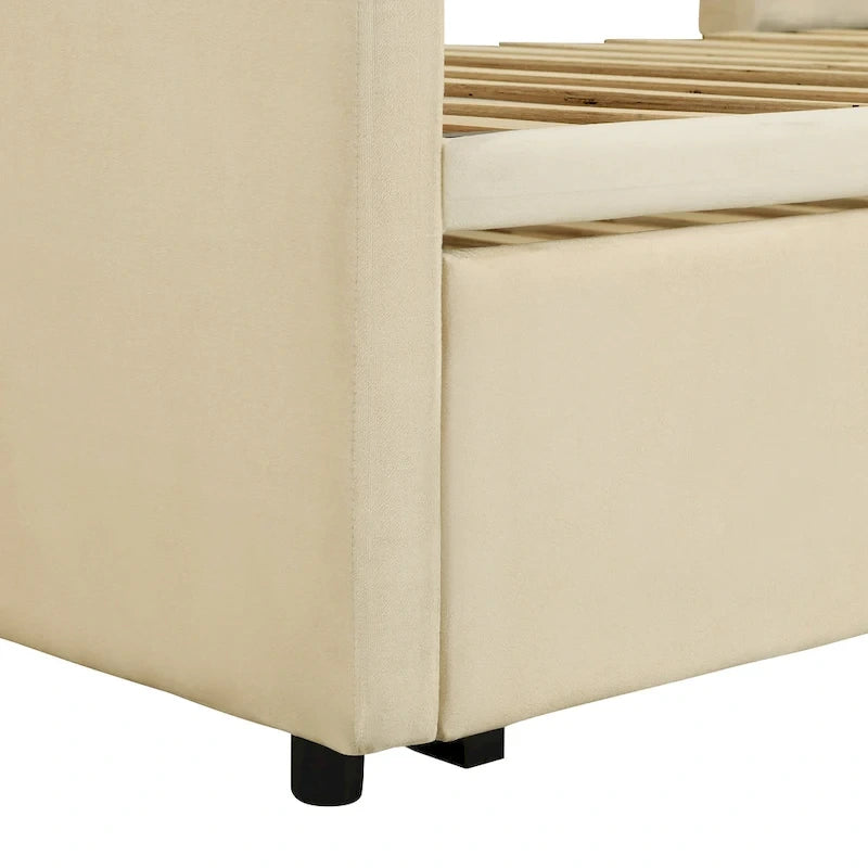 Lit de repos rembourré jumeau avec lit gigogne escamotable, beige