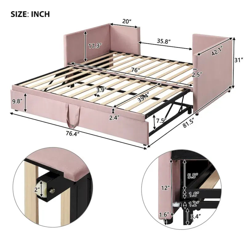Lit de repos rembourré jumeau avec lit gigogne escamotable, beige