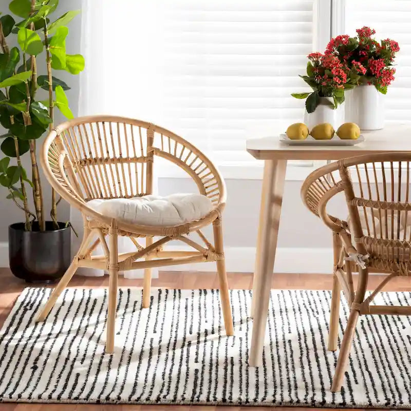 Natural Brown Rattan Bohemian Dining Chair with Cushion