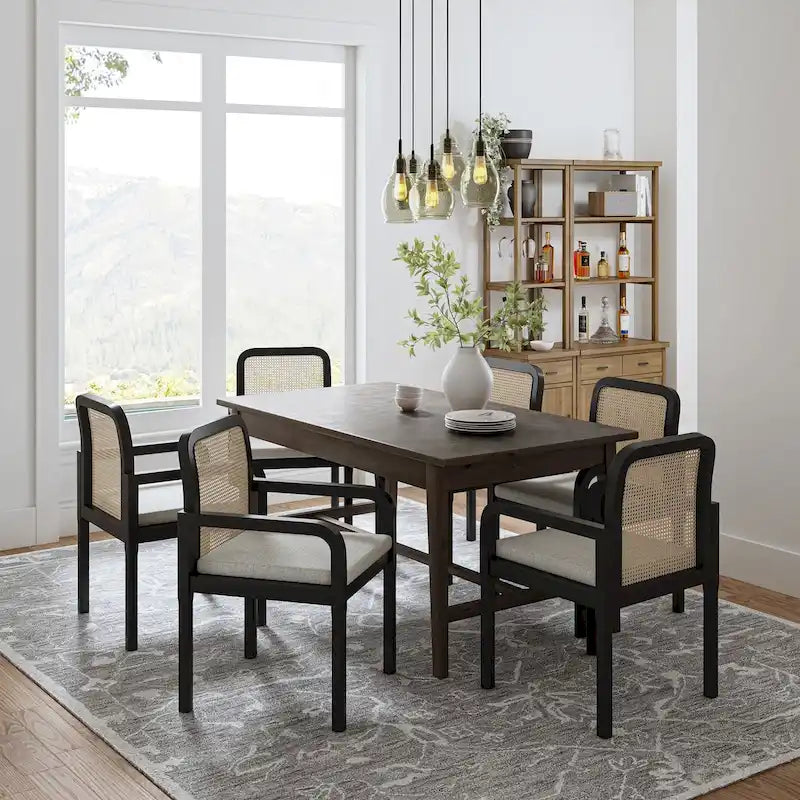 6er-Set Esszimmerstühle mit Rattan-Rückenlehne und abnehmbaren Polstern