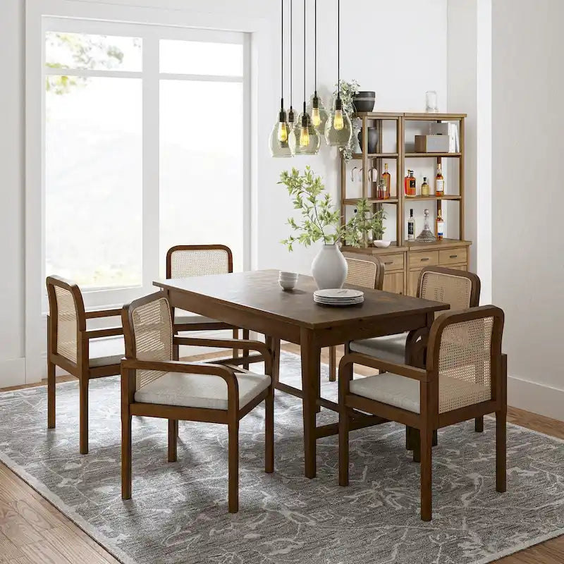 Set of 6 Rattan-Back Dining Chairs with Removable Cushions