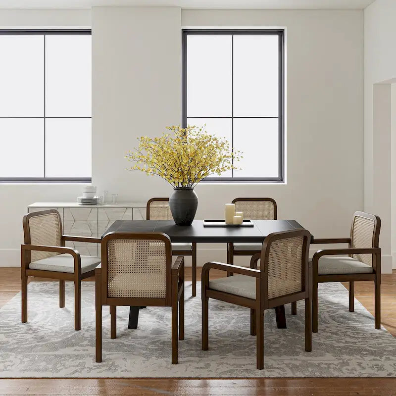 Set of 6 Rattan-Back Dining Chairs with Removable Cushions