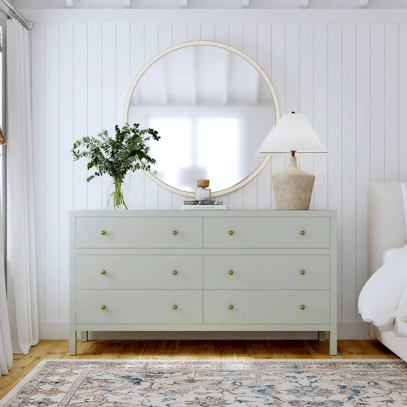 Wide 6-Drawer Wood Dresser with Antique Finish