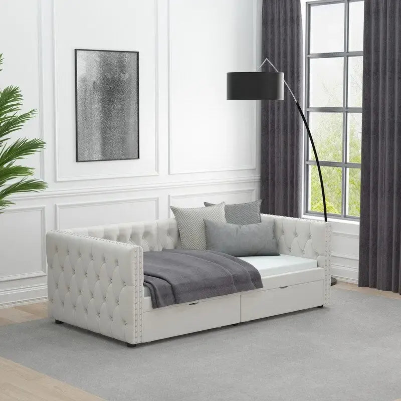 Divã-cama twin em veludo capitonado com duas gavetas de arrumação