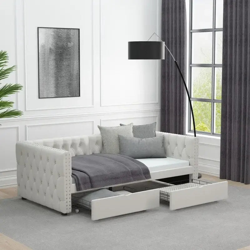 Divã-cama twin em veludo capitonado com duas gavetas de arrumação