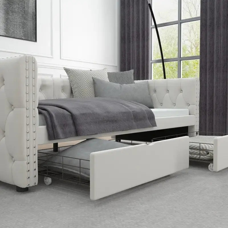Divã-cama twin em veludo capitonado com duas gavetas de arrumação