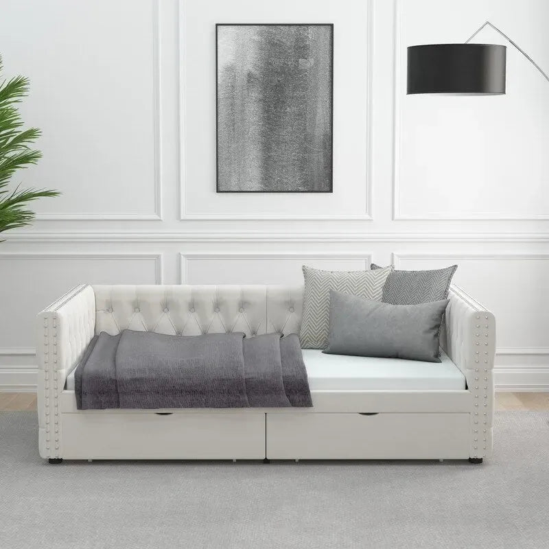 Divã-cama twin em veludo capitonado com duas gavetas de arrumação