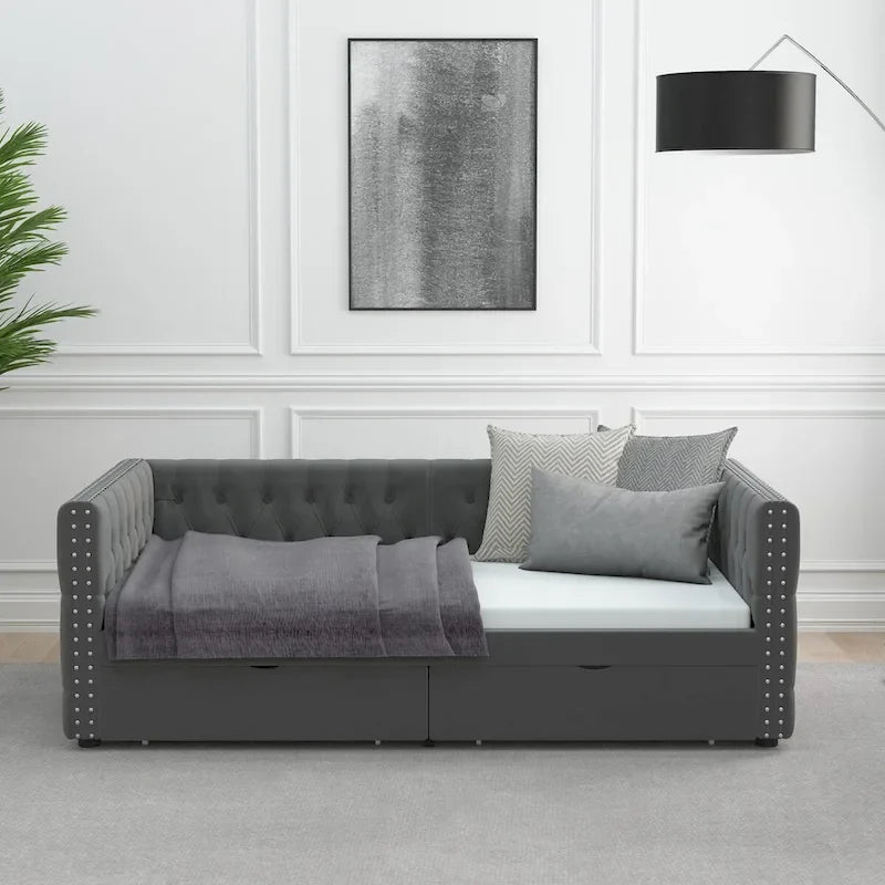 Divã-cama twin em veludo capitonado com duas gavetas de arrumação