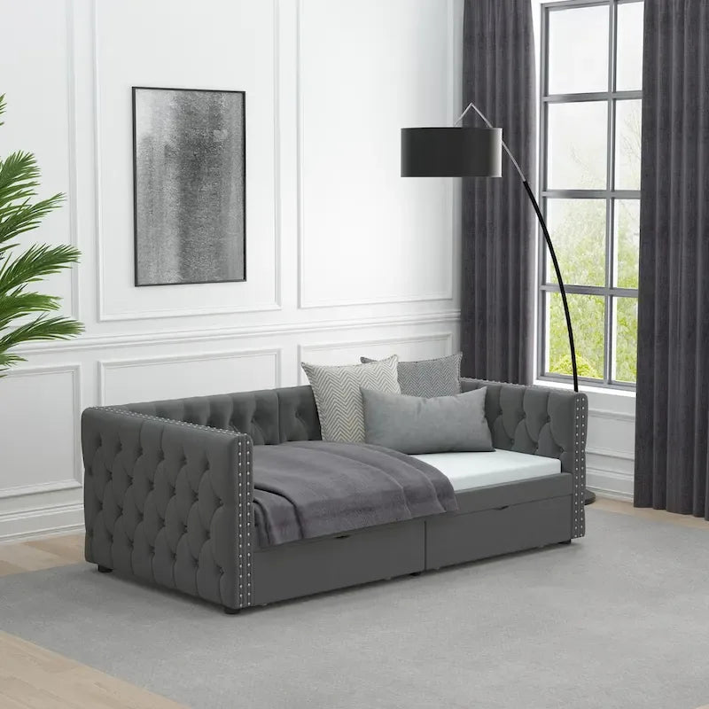 Divã-cama twin em veludo capitonado com duas gavetas de arrumação