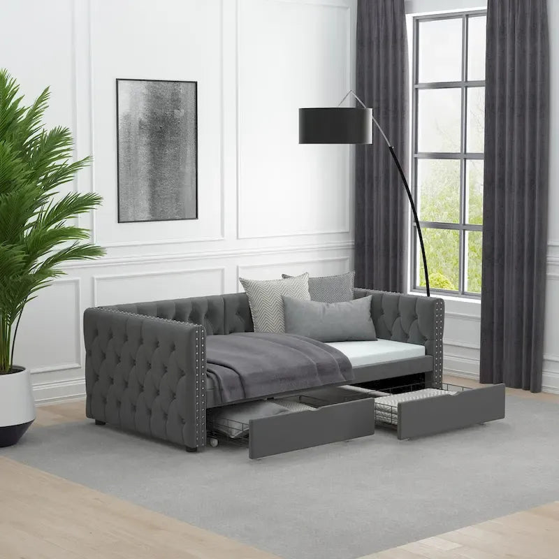 Divã-cama twin em veludo capitonado com duas gavetas de arrumação