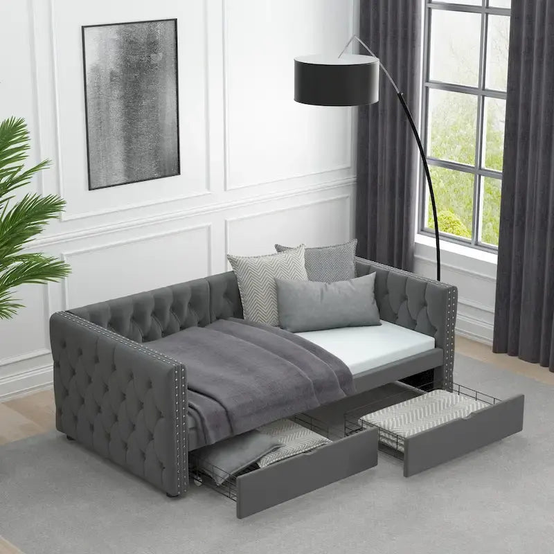 Divã-cama twin em veludo capitonado com duas gavetas de arrumação