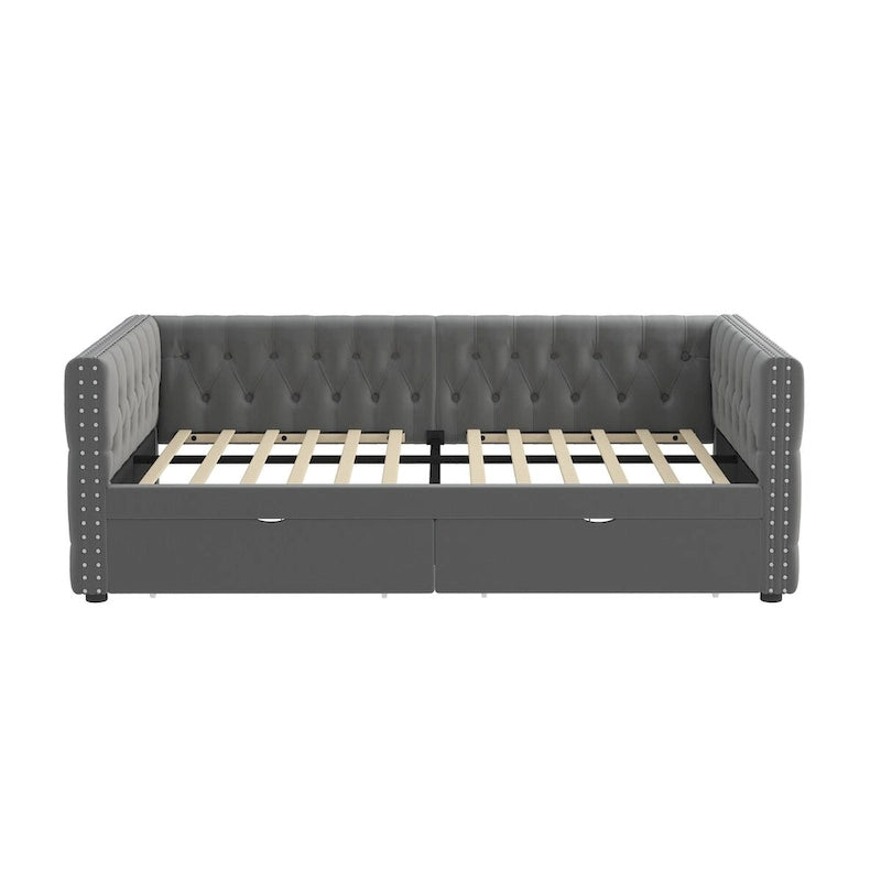 Divã-cama twin em veludo capitonado com duas gavetas de arrumação