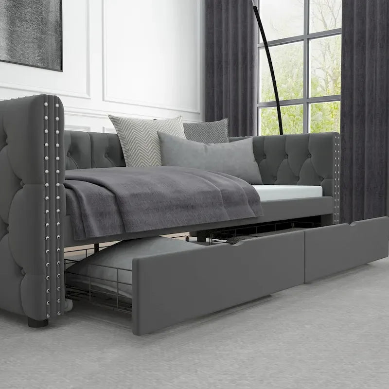 Divã-cama twin em veludo capitonado com duas gavetas de arrumação