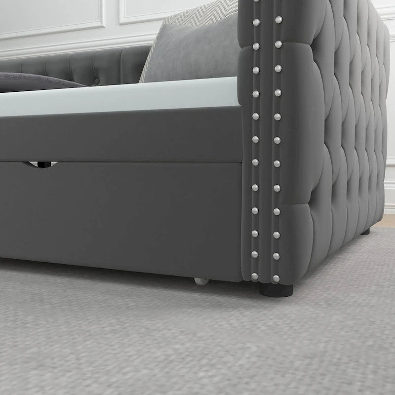 Divã-cama twin em veludo capitonado com duas gavetas de arrumação