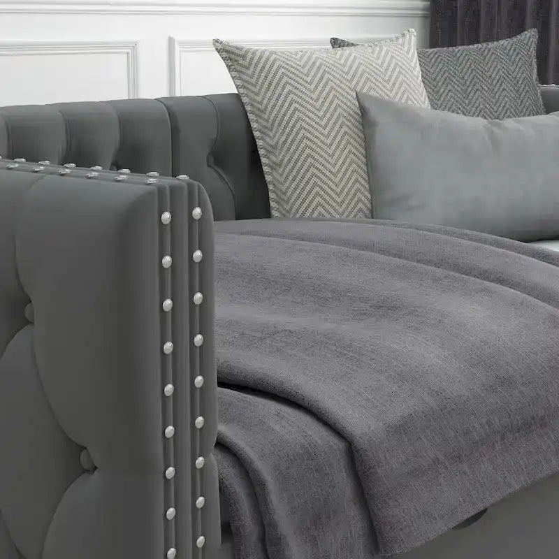 Divã-cama twin em veludo capitonado com duas gavetas de arrumação